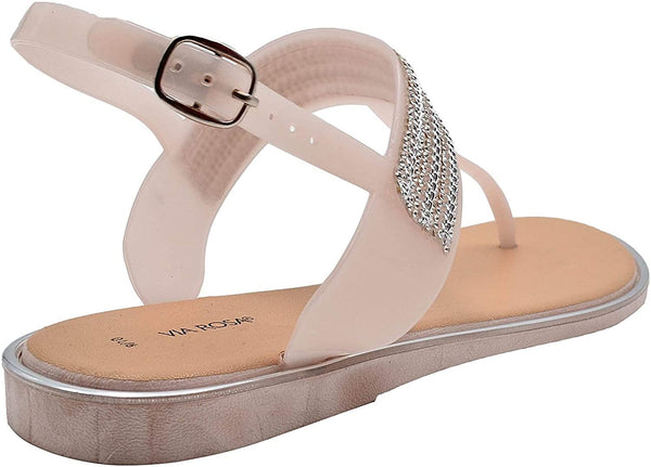 Via Rosa Womenâ€™s PCU T-Strap Thong Sandal with Rhinestones, Metallic  Chain and Adjustable Back Strap - Fashion Bling Summer Shoes